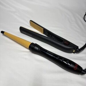 CHI Ceramic Hair Styling Set Curling Wand CA1096 & Flat Iron GF1001 Black Gold